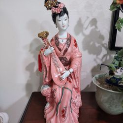13" Pink Geisha with Musical Instrument and Flowers; nothing broken; retains all her fingers.