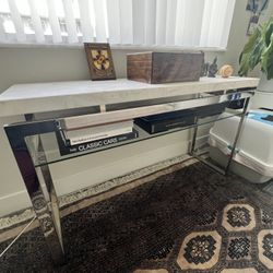 Side Table, Top Marble, Frame Silver Metal, 50x16x30 Inches 