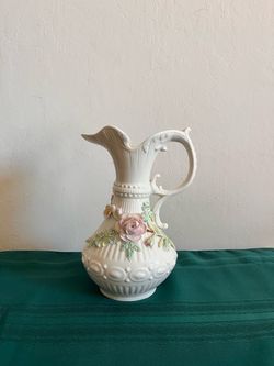 Vintage Belleek Irish Porcelain Aberdeen Vase / Ewer / Pitcher w/ Ornate Handle and Applied Flowers (1(contact info removed))