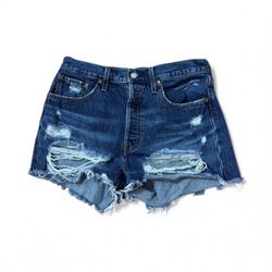 Levi’s 501 Size 29 Button Fly High Rise Jean Shorts Raw Hem Blue Distressed