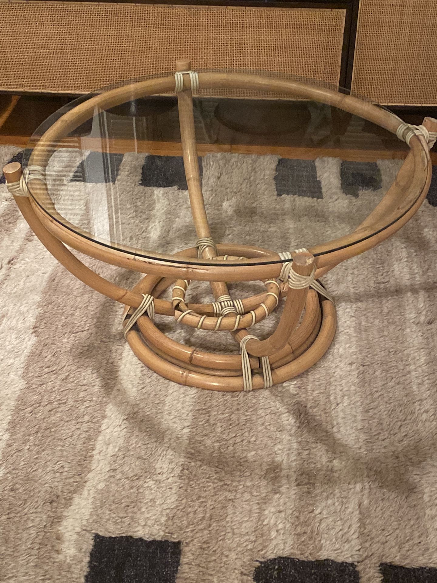 Four - Pole Rattan Stacked Base Coffee Table with Floating Glass Top