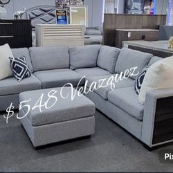 ✅️4 pc grey boucle fabric upholstered sectional sofa with storage arms and ottoman✅️✅️