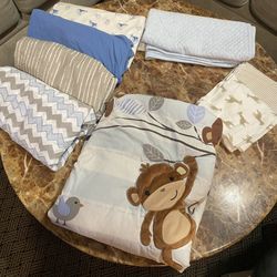 Boys Crib Comforter, 4 Fitted Crib Sheets, 2 Receiving blankets & 1 Blanket / PRICE IS FOR ALL