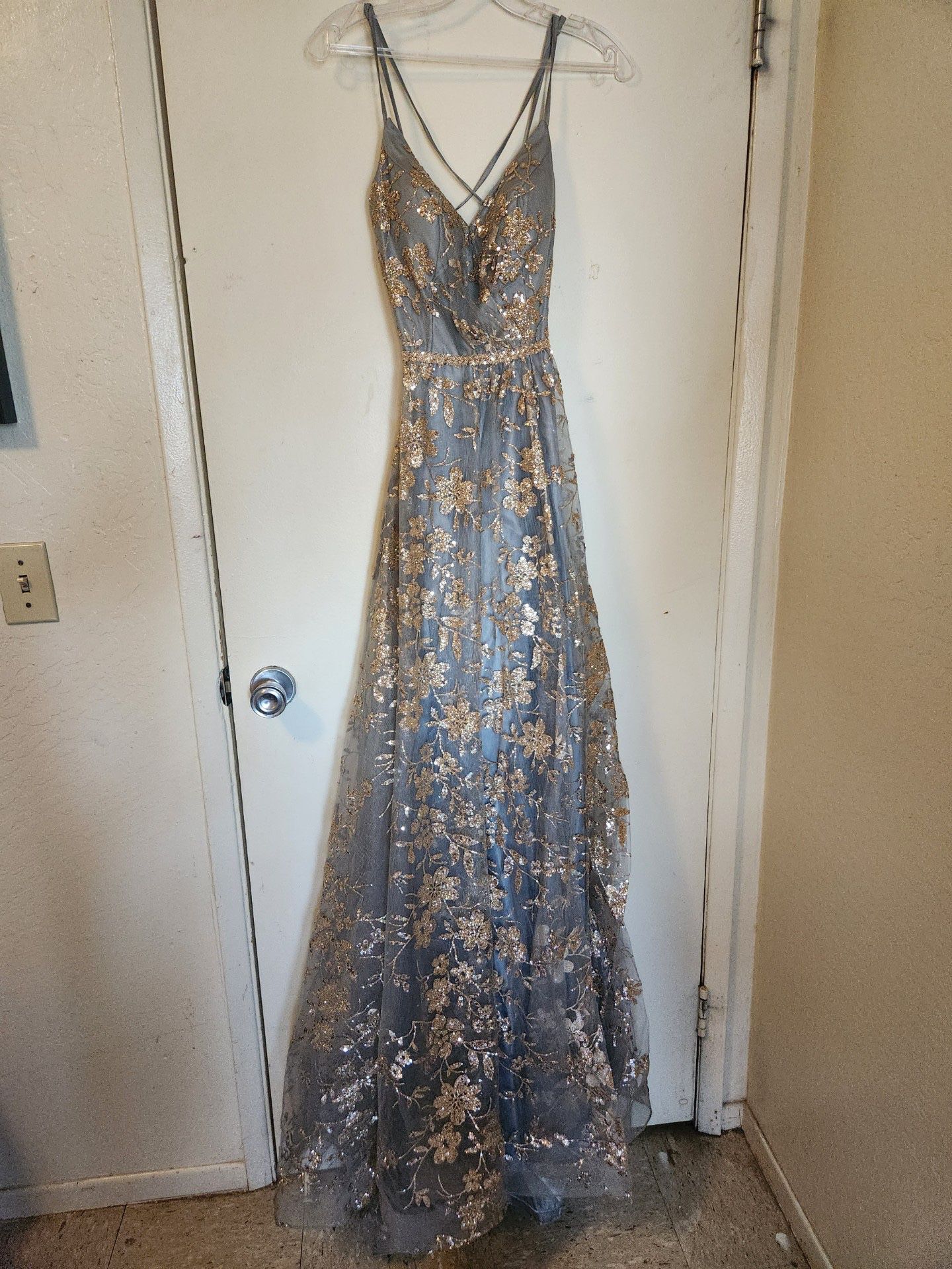 May Queen Couture, Gray with gold glitter, and Size 6