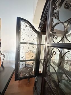 Dark Wood China Cabinet with Scrollwork Glass Doors