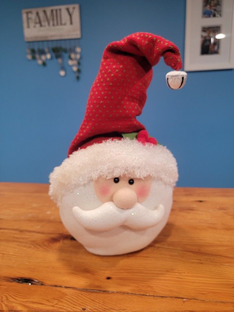 15" Plush & Beanbag Santa Head ~ Face, White With Glitter, Red Hat With Bell