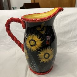 Bella Casa Ganz Pitcher Sunflower Daisy Flowers  Design Handpainted Black Red Ceramic 