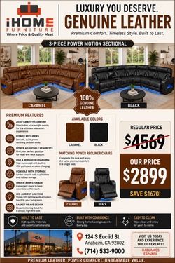 Genuine leather sectional has power recliners on both ends and power adjustable headrests. This 3-piece unit includes USB and wireless charging ports,