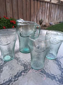 Vintage Coke green Pebbled Glass Pitcher w 3 Large Glass Cups