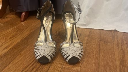 Black Suede And Tan Leather T-strap Peep Toe Heels With Rhinestone Details