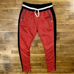 Vintage Crysp Denim Polyester Track Pants Red Black Bred Joggers Zip Cuff