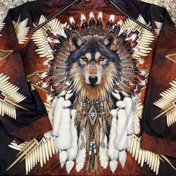 4X Mens Native American Wolf 3D Sweatshirt  All Over Print Plus Long Sleeve Shirt Tribal Graphic Back & Front NEW WITHOUT TAGS  