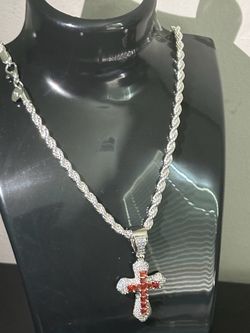 VVS1 + Lab Grown Ruby Cross Pendant with .925 Silver Rope Chain 20 inches