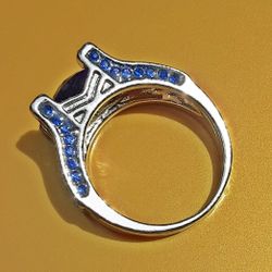 Size 9 Round Cut Blue Sapphire White Gold Plated Ring 