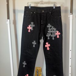 Chrome Heart Checkered Pink Cross Jeans 