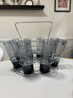 Vintage Smoked Glass Highball Barware Set with Chrome Carrier Mid Century Modern Style