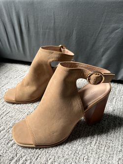 Tan Suede Open-Toe Block Heel