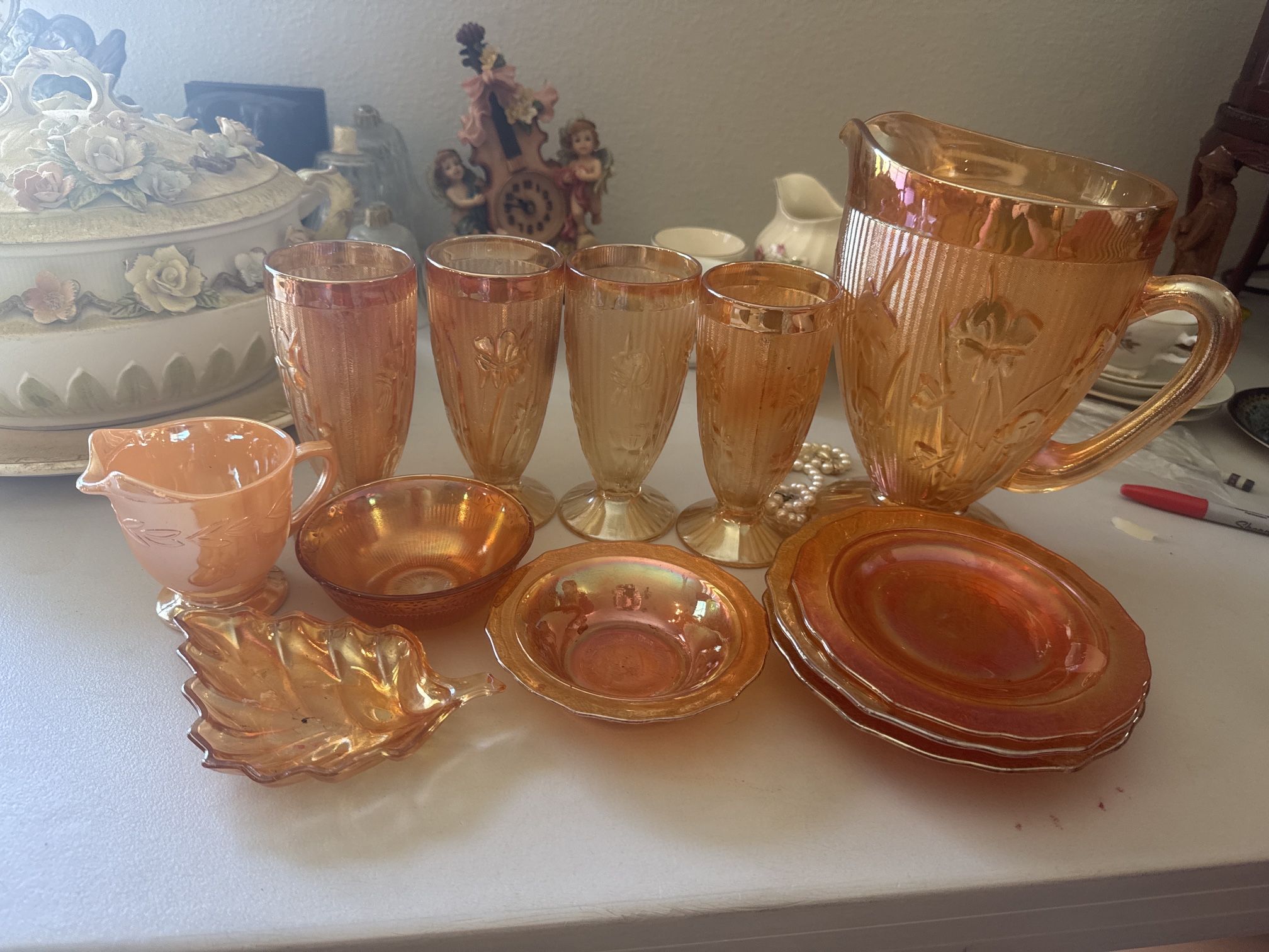 Vintage Carnival Glass Drink Set – 12Pieces – Beautiful Amber/Marigold Glow!