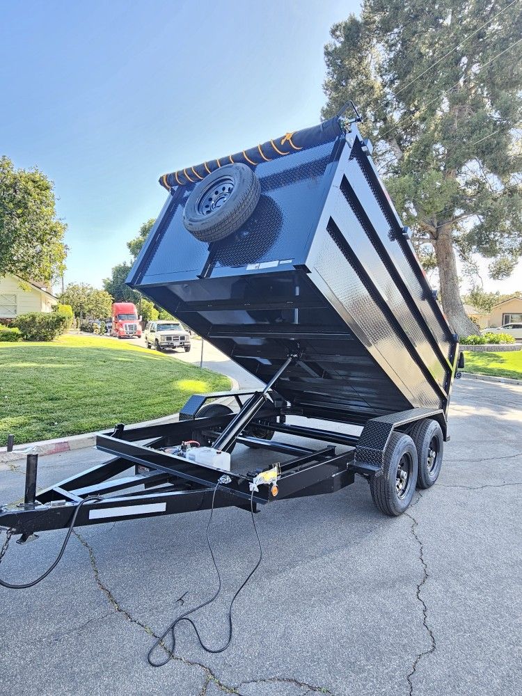 NEW DUMP TRAILERS 8X12X4 ROLLING TARP AND SPARE TIRE 2025 YEAR ELECTRIC BRAKES LIGHTS REMOTE CONTROL TITLE IN HAND READY FOR WORK