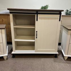 Farmhouse Coffee Bar Cabinet with Sliding Barn Door, Wood Sideboard Buffet Cabinet with Adjustable Shelf & Metal Leg, Kitchen Cabinet for Dining Room,