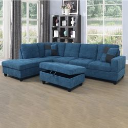Blue Sectional Couch Set And Ottoman 