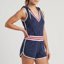 CHAMPION Women's Hooded Terry Cloth Romper 70s Retro Logo Red White Navy NEW XS