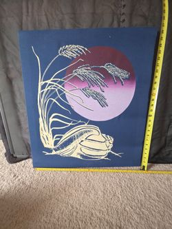 Fabric wall panel featuring a Japanese-style minimalist design of pampas grass (susuki) and a large shell or rock beneath a stylized gradient moon aga
