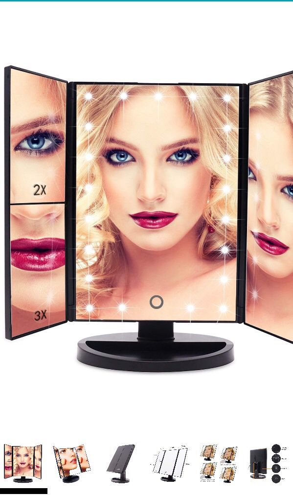 EmaxDesign Vanity Mirror 21 LED lighted Makeup Mirror With Magnification Trifold Touch Screen, USB Charging 180°Free Rotation Table Countertop Cosmet