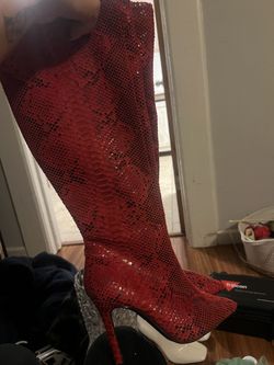 Red Snake Skin Boots High Knee