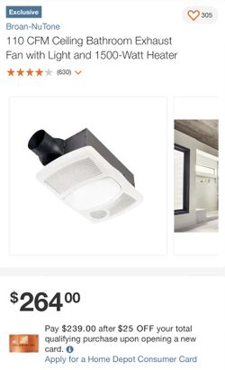 110 CFM Ceiling Bathroom Exhaust Fan with Light and 1500-Watt Heater $219.00
