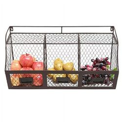 Metal Wire 3 Compartment Storage Basket Wall Mount Kitchen Hanging Iron Organizer Fresh Vegetable Produce Chicken Wire Bin Brown