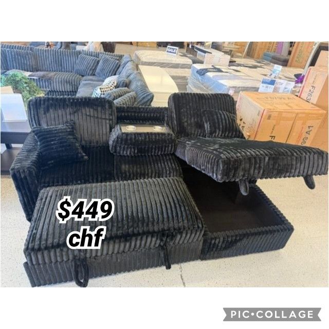 Black Jumbo Corduroy Sectional Sleeper Sofa With Pull Out Bed 