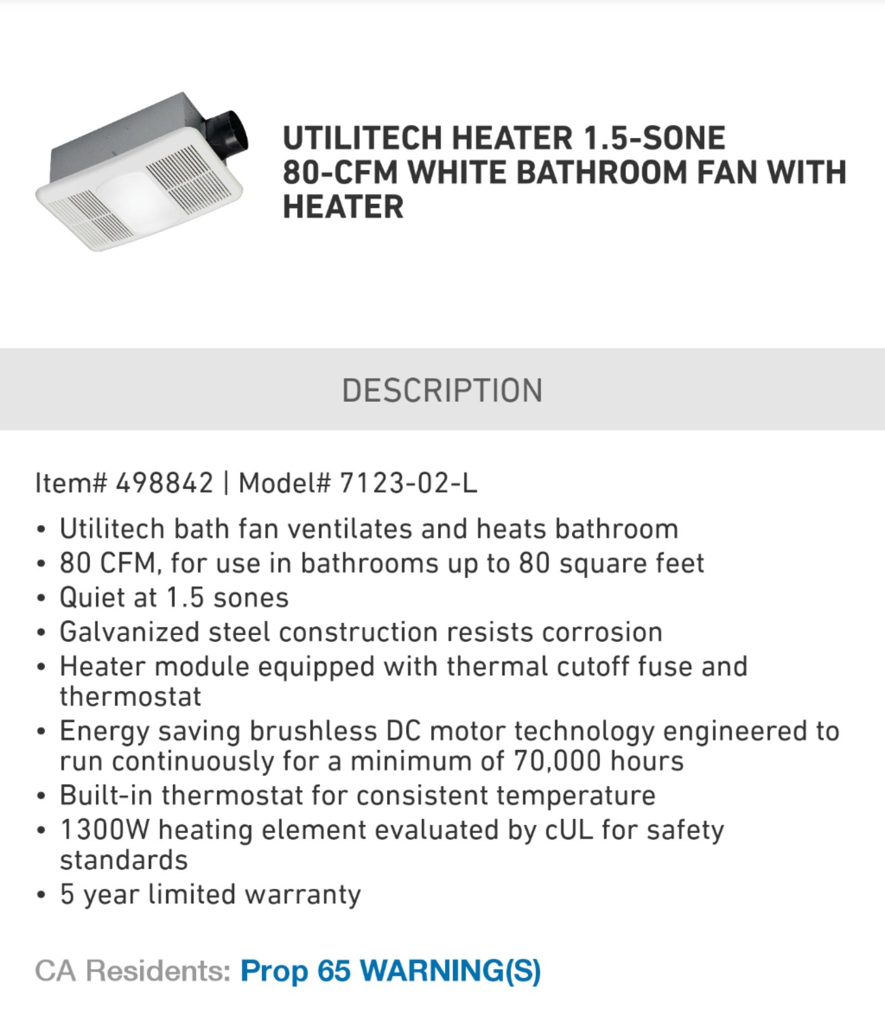 Utilitech Bathroom Ventilation Fan #0498842 Lowes with Heater for Sale in  Downey, CA - OfferUp