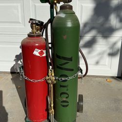 Victor cutting torch, Q bottles and cart