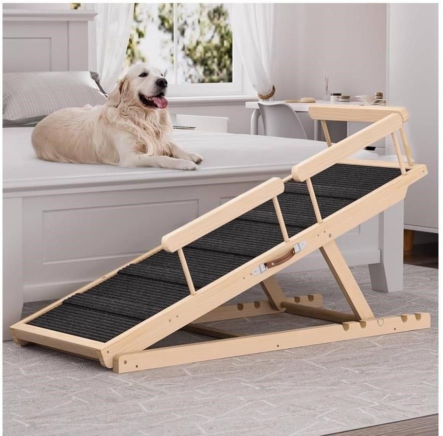 Wooden Dog Ramp for High Bed, Couch, Car, Pet Ramps 55.12" Long Adj. 19.3"-27-.17"