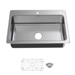 Bratten 33 in. Drop-In Single Bowl 18 Gauge Stainless Steel Kitchen Sink with Accessories=Pa-491