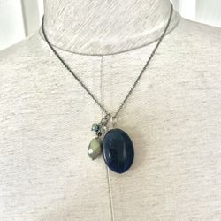 Silver Tone Blue Stone Pendant Necklace 