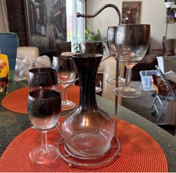 MCM Silver Fade Dorothy Thorpe Decanter Wine Glass Set Spiral Stand France 1960s