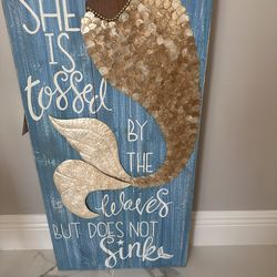 Coastal Mermaid Wall Art – Shell & Wood Beach Sign