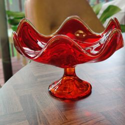 Vintage Viking Red Glass Kerchief Compote Dish
