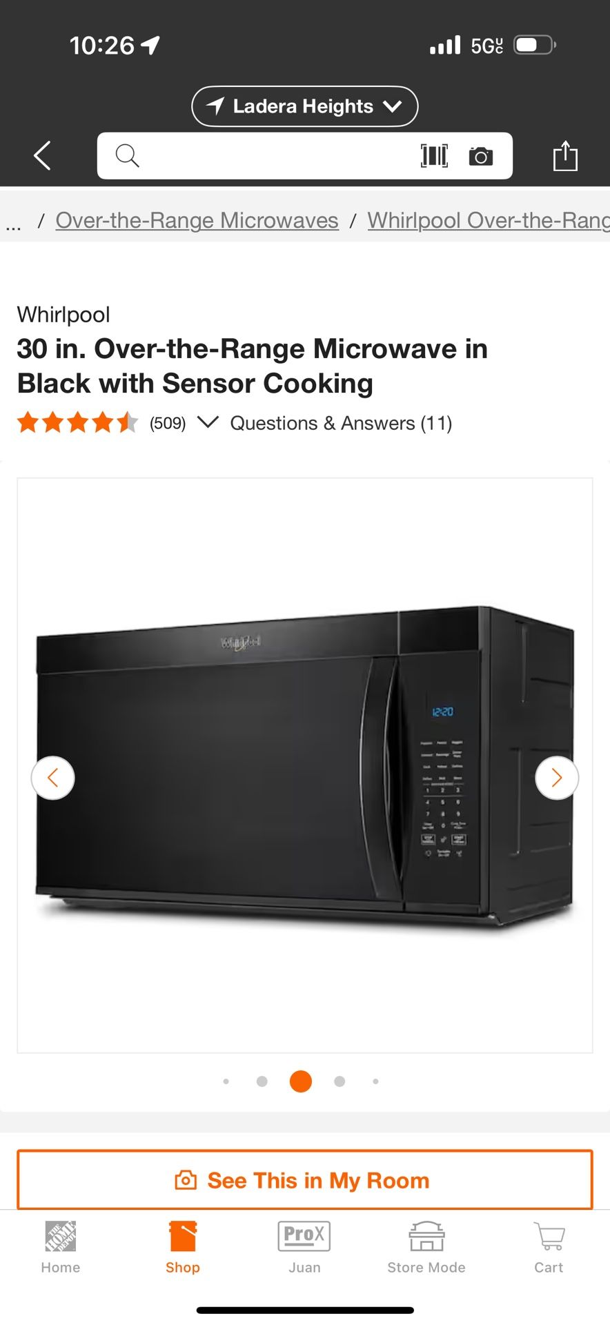 Whirlpool 30 in. Over-the-Range Microwave in Black with Sensor Cooking