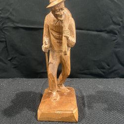 Signed Caron Hand Carved Wood Sculpture Walking Man Folk Art 13” Rustic Figure