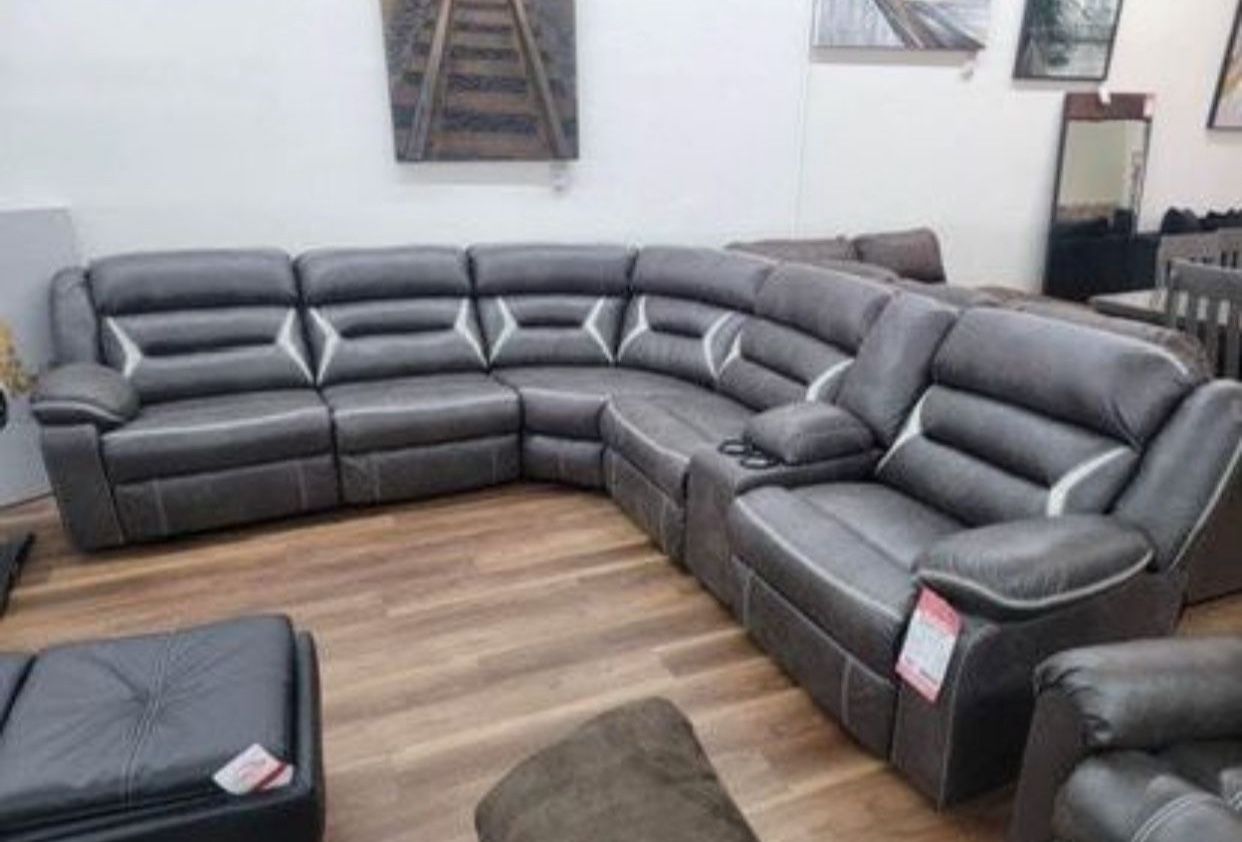 New Dark Gray Ashley Brand Bonded Leather Power Reclining Sectional Sofa Couch