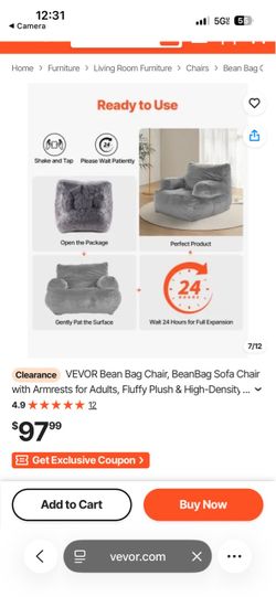 VEVOR Bean Bag Chair, BeanBag Sofa Chair with Armrests for Adults, Fluffy Plush & High-Density Foam Filling Adult Bean Bag with Zapper, Comfy Lazy Sof