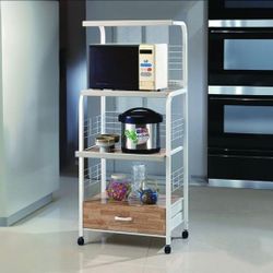 🪙 Microwave Rack, White Frame and Natural Panels, 25" x 17" x 59" High, Brand New.