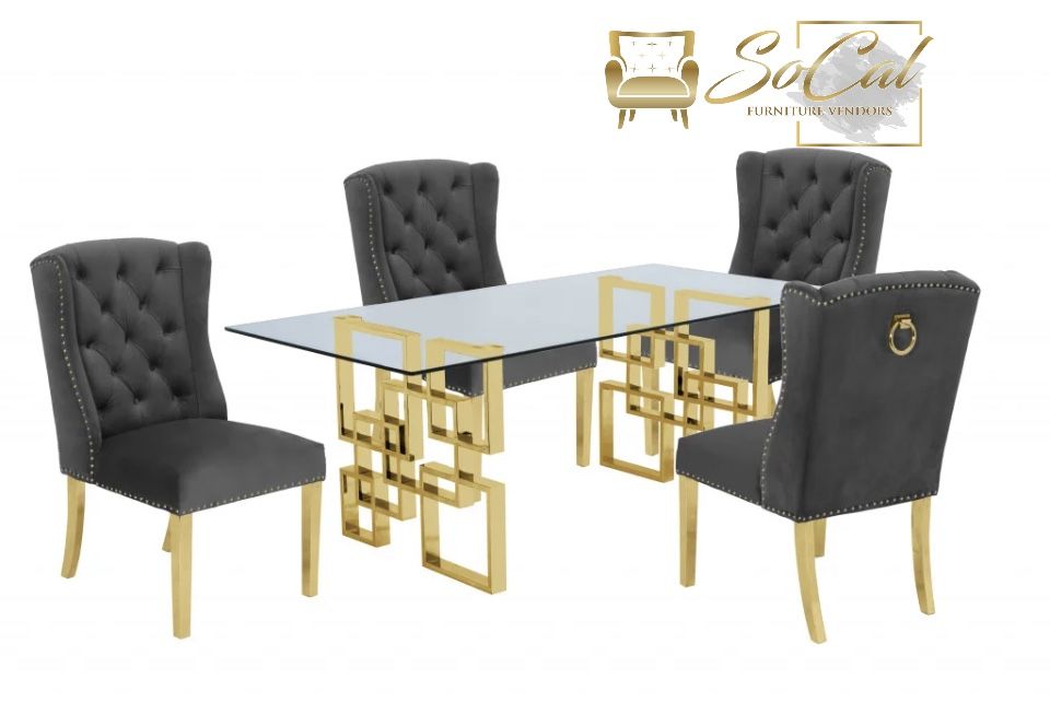 Modern Dinning Set With Glass Table Top Amd Stainless Steel Legs 