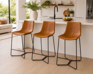 West Elm Leather Bar Stools – Set of 3 – Camel Brown