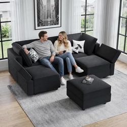 S09 $269  92" 6 Seats Modular Velvet Sectional Sleeper Sofa with Storage, Black FSC-certified hardwood frame, Pet-friendly velvet upholstery, Adjustab