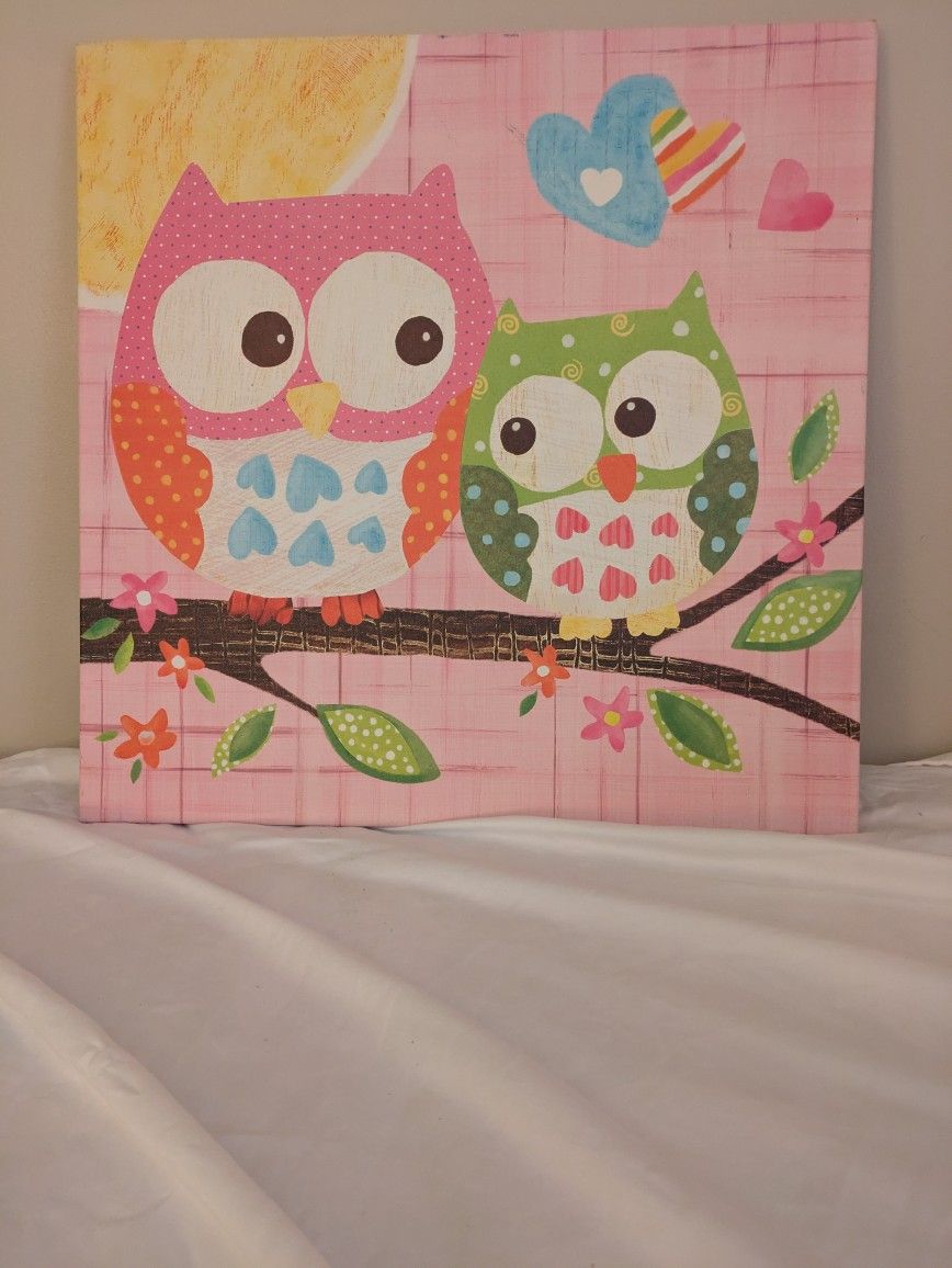 Cute & Colorful Owl Pair Canvas Wall Art 21 x 21