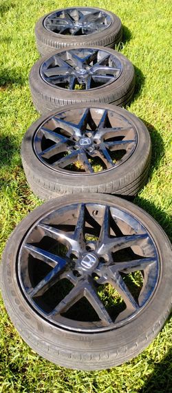2024 OEM BLACK HONDA 18" WHEELS WITH CURB RASHES BUT NO CRACKS OR DENTS JUST DIRTY WITH TIRES FOR ANY CIVIC ACCORD OR ACURA WITH 5X114